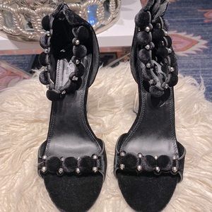 Black velvet studded block heels